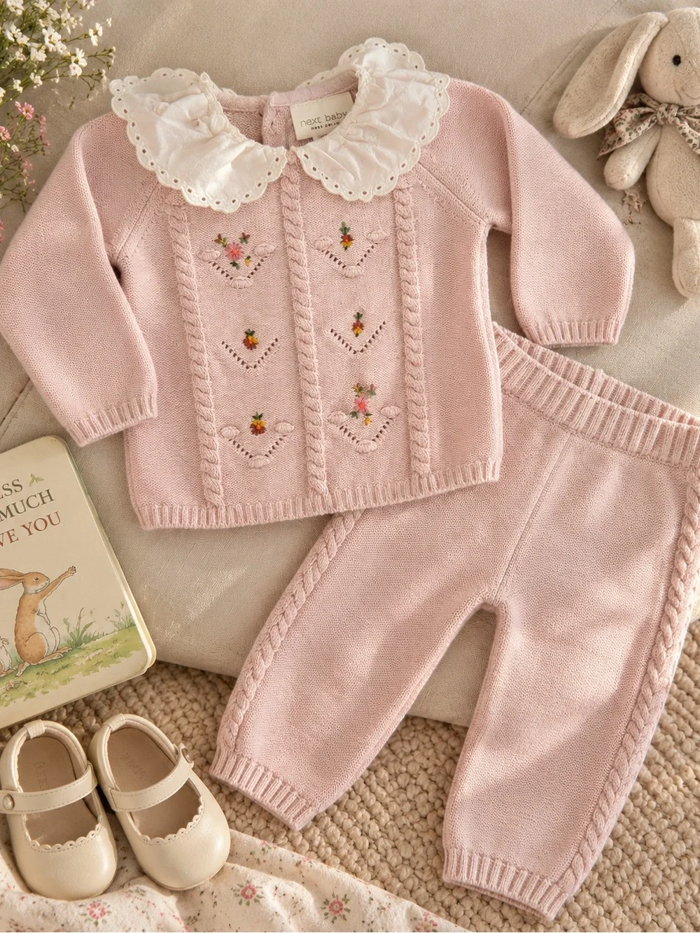 Next Baby Girl Pink Knit Floral Sweater Set Size 9-12 Months